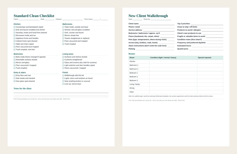 Standard clean checklist page