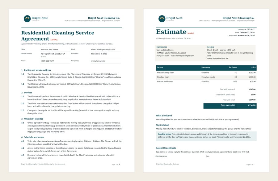Commercial cleaning agreement page