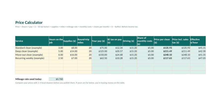 Launch Sheet price calculator tab